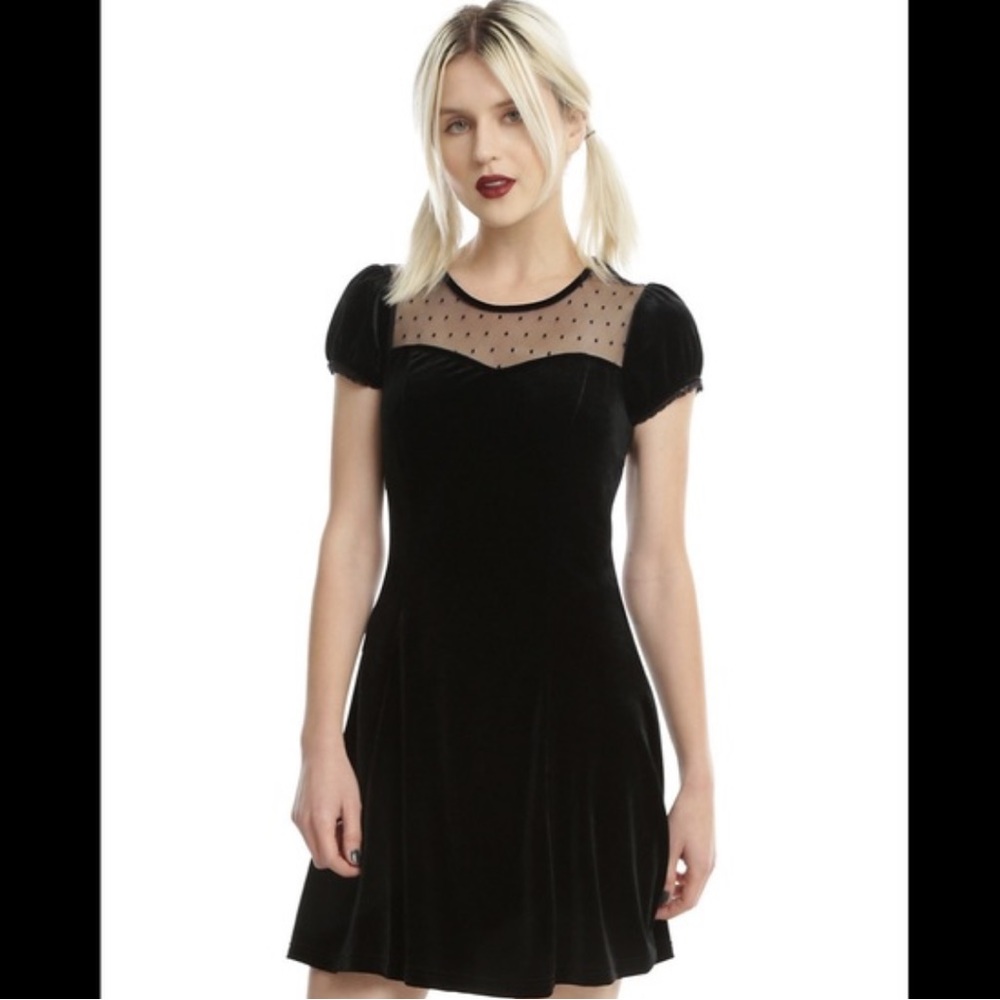 NWOT Hot Topic Black Velvet Swiss Dot Yoke Dress